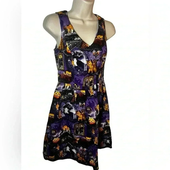 ModCloth Halloween Dress Spooky Cat and Pumpkin Print Sleeveless Skater Dress S - Picture 1 of 13